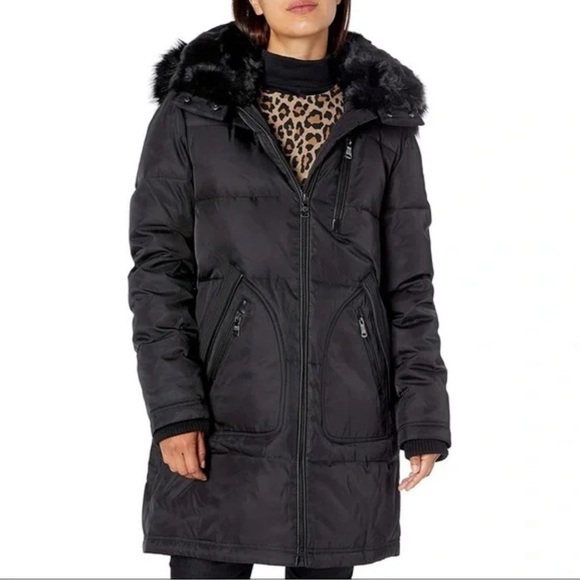 Vince Camuto down filled black long lined faux fur hooded coat - Picture 3 of 6
